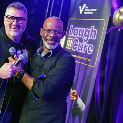 From left, emcee Matt Jacques and his good friend and colleague Jim Carty, who participated in the fundraiser for The Ottawa Cancer Foundation. Photo by Caroline Phillips